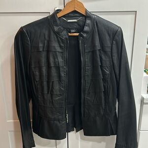 White House black market ruffled leather jacket